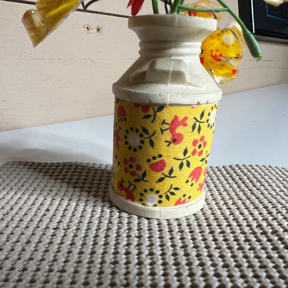 Vintage 1969 Elbee Designs Miniature Milk Can Vase Lucite Flower Arrangement MCM